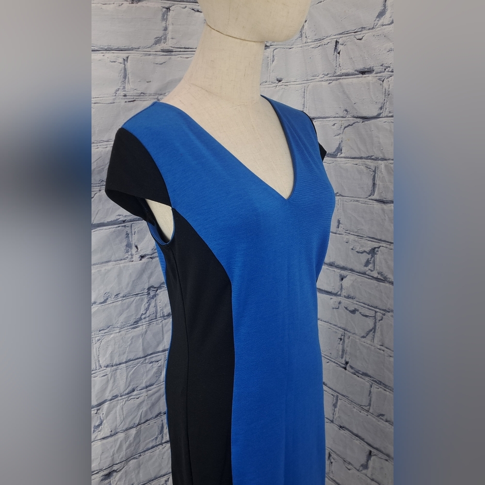 Michael Kors Cap Sleeve V-Neck Sheath Dress Midi Black and Blue Poly Rayon 2 US - Picture 7 of 16